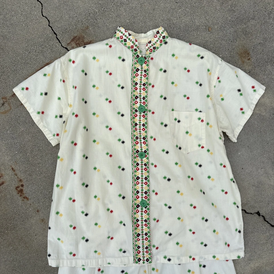 复古 20 世纪 40 年代 50 年代装饰艺术印花睡衣休闲套装连身裤 2 件上衣裤子 — 第 2/4 张图片