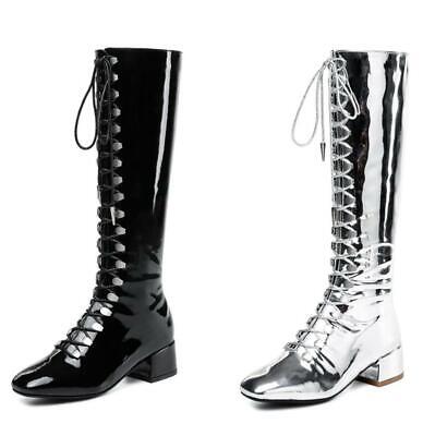 Details about   Womens Punk Knee High Knight Boots Square Toe Lace Up Patent Leather Block Heel