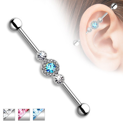 1 Pc 316L Surgical Steel Aqua & Clear C.Z. Industrial Barbell 14g 1.5'' (38mm) 