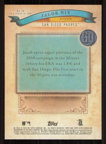2019 Topps Gypsy Queen #16 Jacob Nix RC - Picture 2 of 2