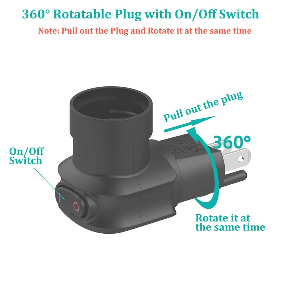 3-Prong Plug in Light Socket E26/E27 Outlet to Socket Adapter w/ On/Off ...