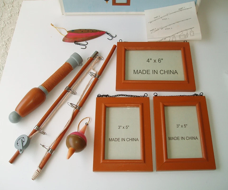 Decoración náutica caña de pescar colgante de pared con 3 marcos de fotos de madera Foto 2 de 4