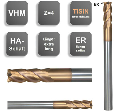 VHM HPC Fräser mit Eckenradius überlang Kopierfräser TiSiN Ø6/ 8/ 10/ 12 mm, Z=4