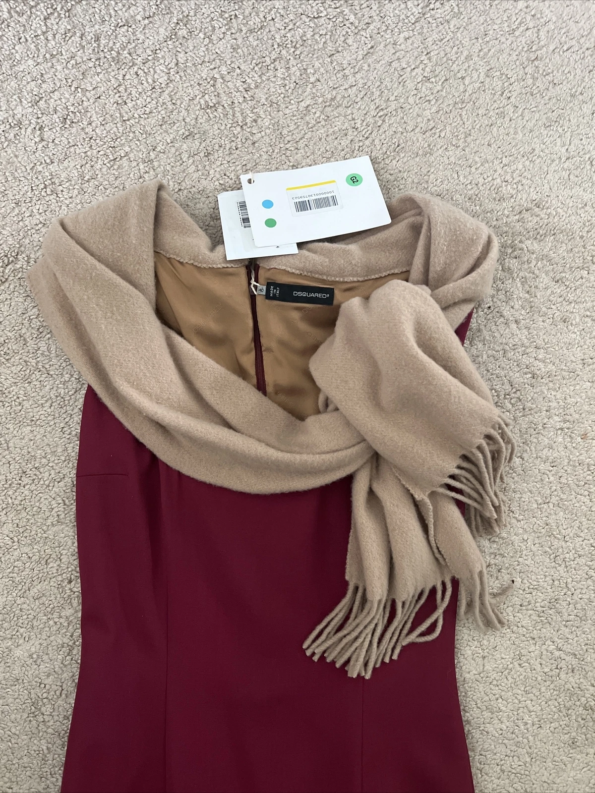 DSQUARED2 Dsquared 2 Abito Vino Rosso Sabbia Sciarpa Lana Morbida Attaccata Tg 40