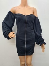 PRETTYLITTLETHING Black Balloon Sleeve Off Shoulder Bodycon Dress Zip Size 10