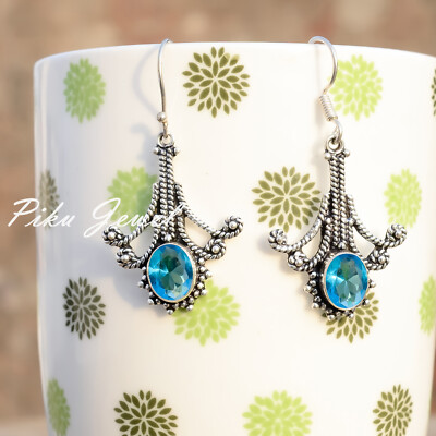 Schweizer Blautopas Edelstein 925 Sterlingsilber Ohrring Schmuck für Festival...