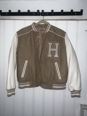 ZARA Varsity Jacket Beige White Embroidered Logo,Snap Size - 13-14 