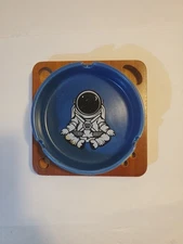 Ceramic Ashtray Blue With Astronaut With Wooden Base Hidden Compartments