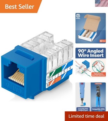 Everest 90° Angled RJ45 Cat6 Keystone Jacks 10-Pack in Blue - Slim Profile Fe...