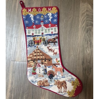 Needlepoint Christmas Stocking ''Mom''  Winter Village Scene Red Velvet 13''