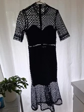 BARDOT FIONA SHORT SLEEVE MESH Runway Holiday LACE TRUMPET DRESS Navy Blue 10