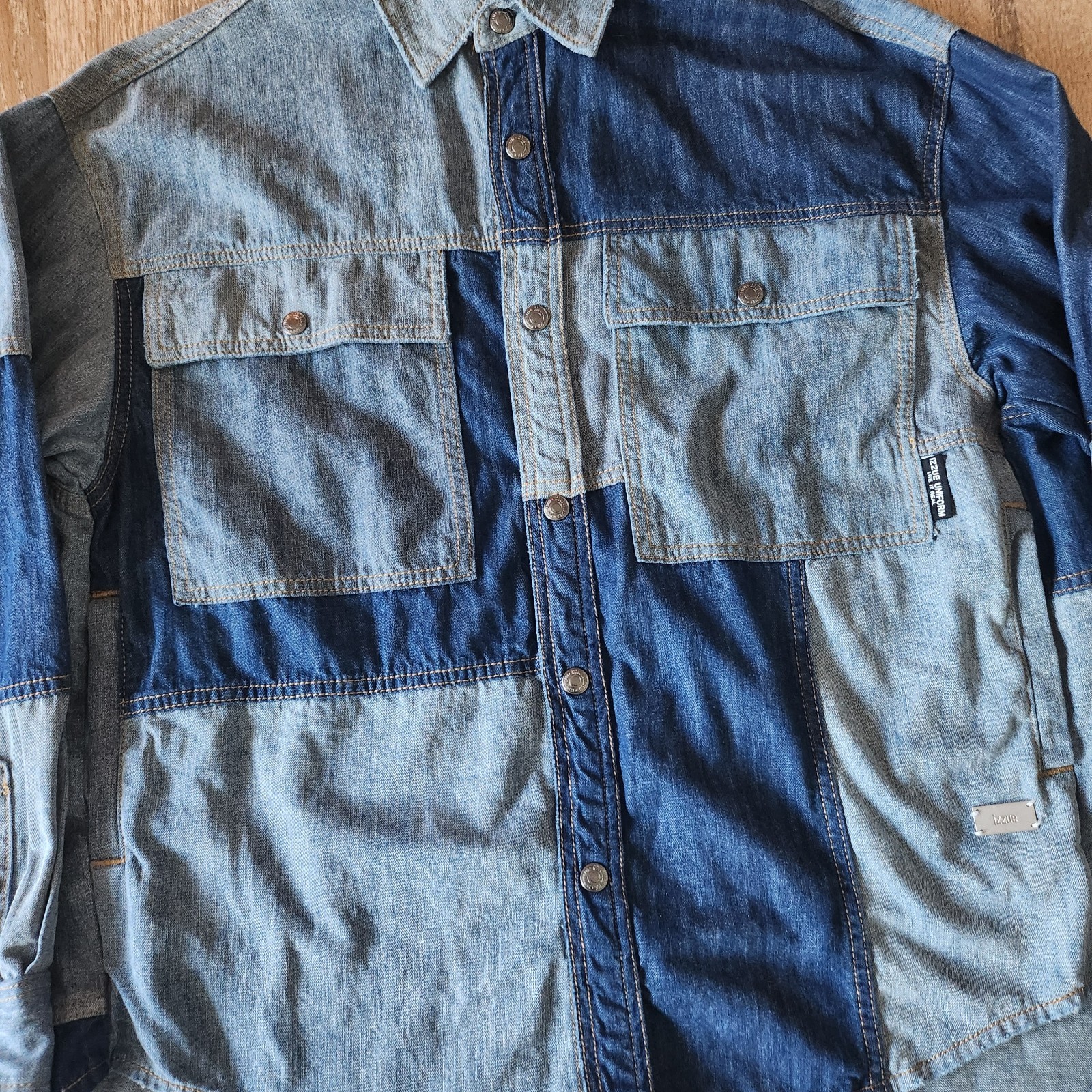 Izzue Raw Patchwork Denim Flannel Button Up Shirt… - image 3