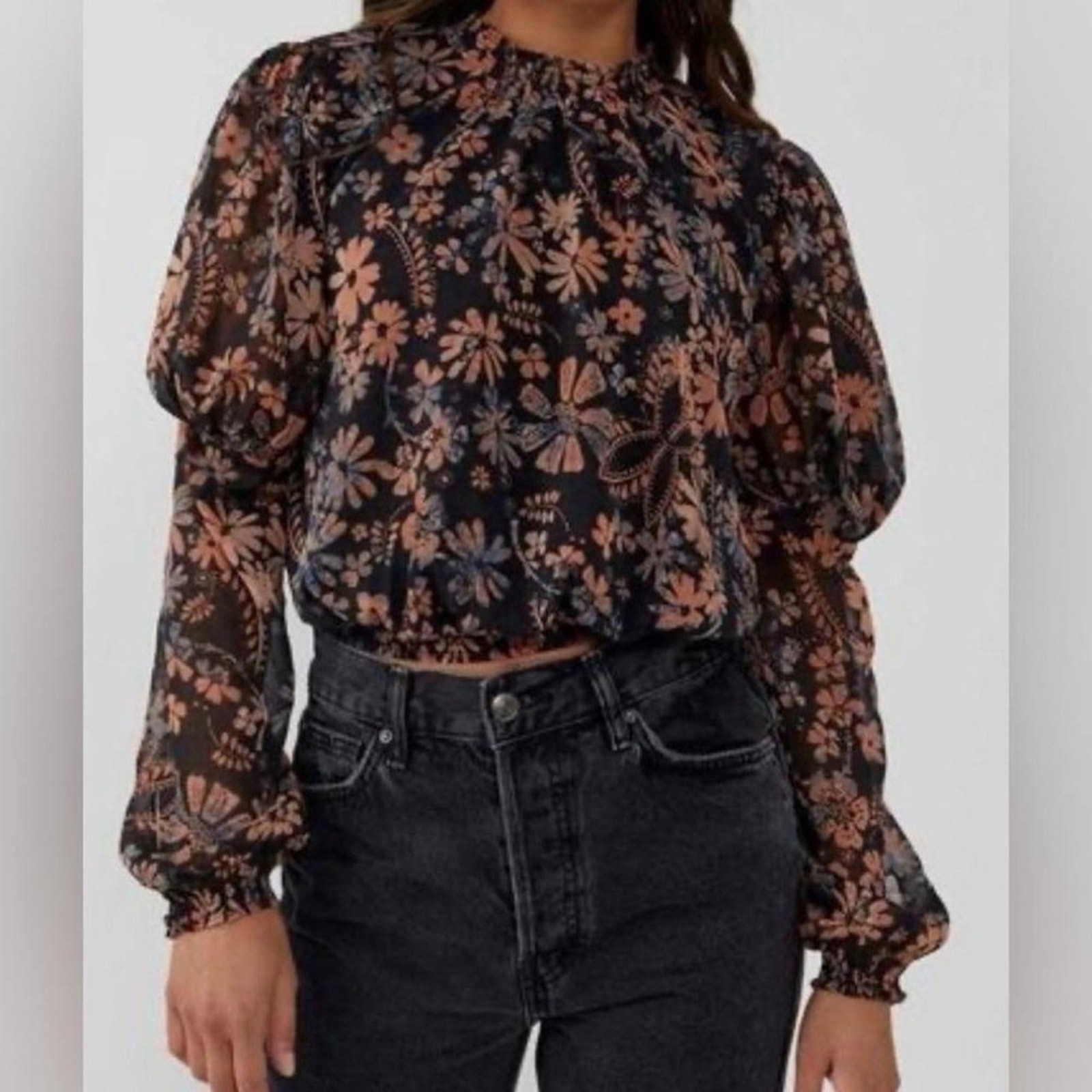 Free People Clarissa Floral High Neck Blouse Large Black Orange Smocked