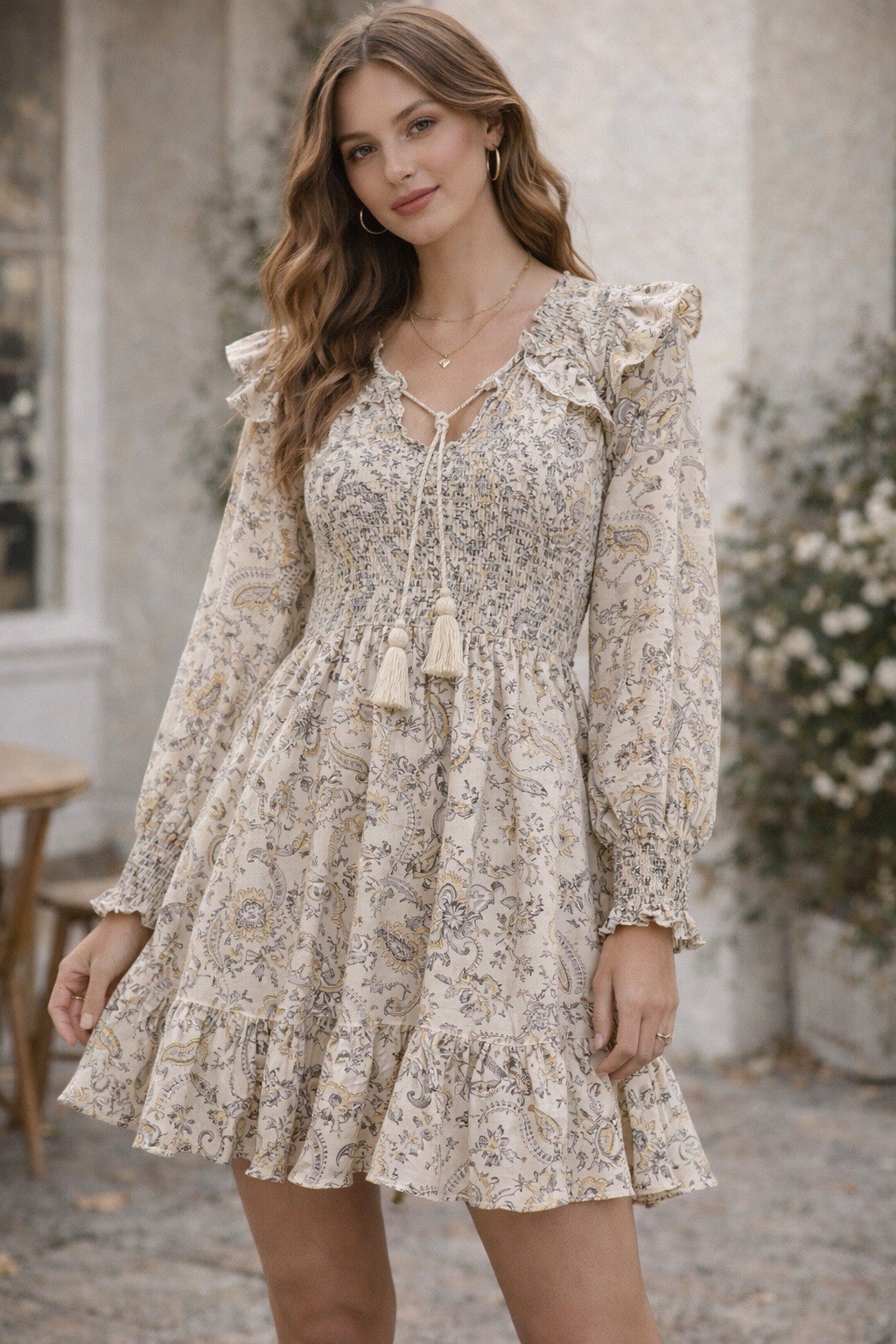 Cleobella Boho Mini Dress S Smocked Paisley Ruffle Sleeve Cream Cottagecor