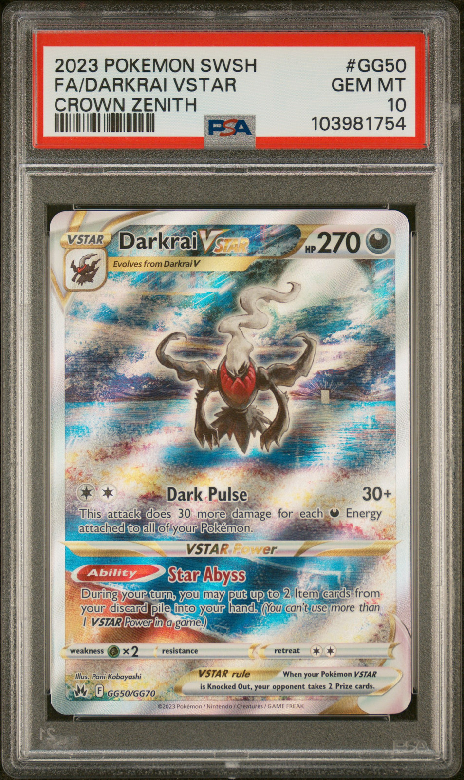 2023 POKEMON SWORD & SHIELD CROWN ZENITH #GG50 FULL ART/DARKRAI VSTAR PSA 10