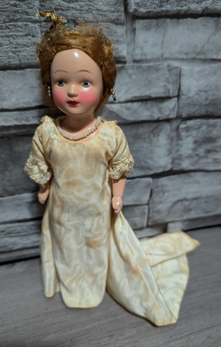 Vtg 7.5" Lady Woman Girl Bride Doll Silk Wedding Dress Pearl Necklace