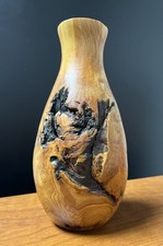 Vintage Mid Century Hand Turned Live Edge Intricate Burl Wood Flower Vase 8.5  