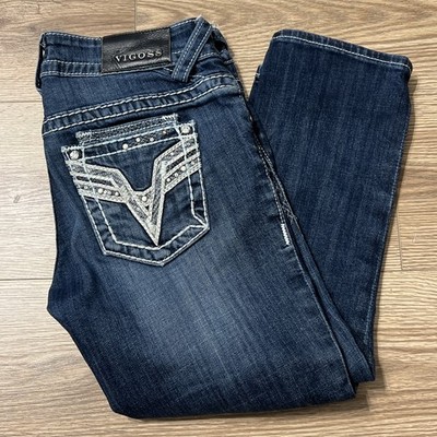 Vigoss Women s The Dublin Capri Dark Wash Embellished Capri Pants Size 1/2 (A50)