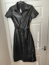 UK14 Faux Leather Belted Midi Shirt Dress Black New Look BNWT