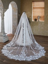 Long Bridal Wedding Veil Lace Pearl White Tulle 1 Tier Cathedral Train with Comb