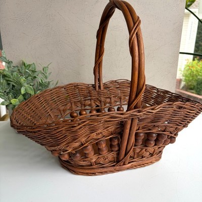 Vintage Wicker Basket with Wooden Beads Large Oval Boho Woven Wood Decor Brown