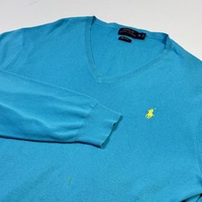 Polo Ralph Lauren Sweater Mens XL Blue Pima Cotton V Neck Knit Pullover Logo
