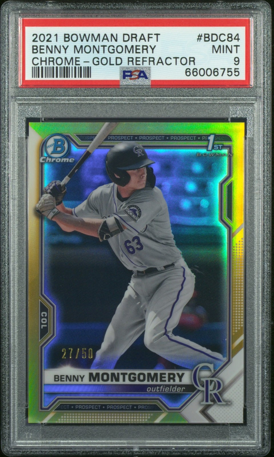 2021 Bowman Draft Benny Montgomery Chrome 1st Gold Refractor /50 PSA 9