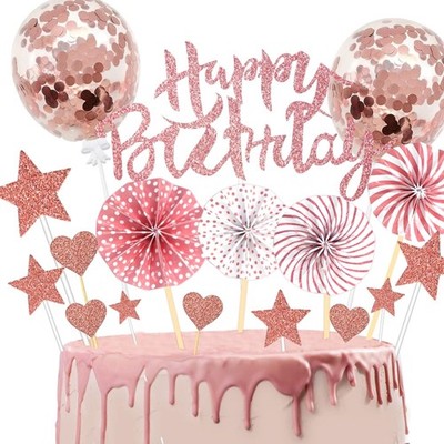 Tortendeko Mädchen Roségold 24 Stück Glitzer Cake Topper Herz Stern Kinder Ge...