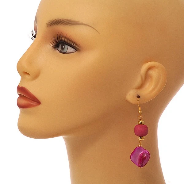 Pink Wood and Fuchsia Shell Bead Drop Earrings in Gold Tone - 70mm Long - Image 4 of 4