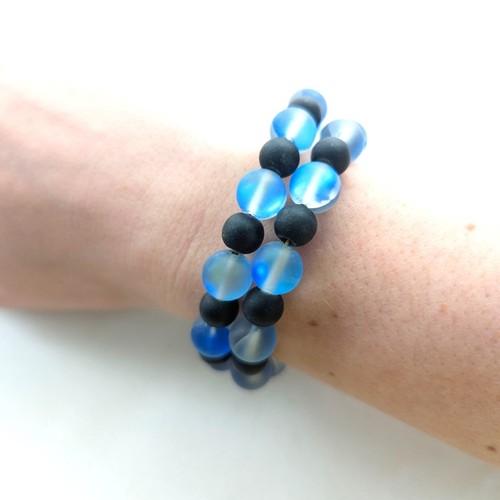 Superbe élégant bracelet bobine de perles en fil de verre bleu irisé noir - Photo 4/4