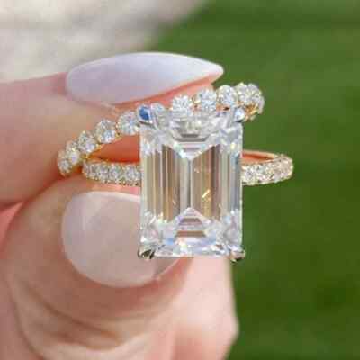 4,99 TCW Smaragd Moissanit Braut Set Verlobung Ehering 9K bicolor Gold