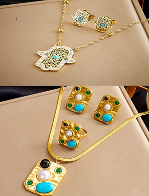 Hamsa Hand of Fatima Evil Eye Spiritual Protection Square Pearl Turquoise Inlay