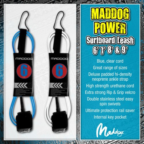 MADDOG Surfboard Legrope Leash Surf Surfing Leg Rope Leggie 6' 7' 8' 9