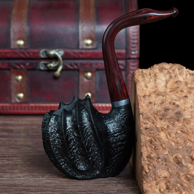 Freehand Tobacco Pipe Sandblasted Briar Pipe Curved Cumberland Stem Black  Swan