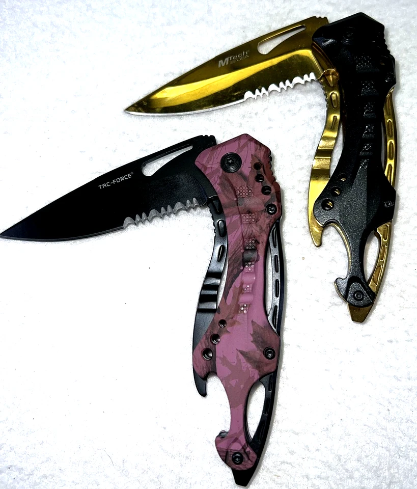 Juego de 2 cuchillos plegables Tac-Force & MTech púrpura y dorado dentado táctico EDC Foto 2 de 4