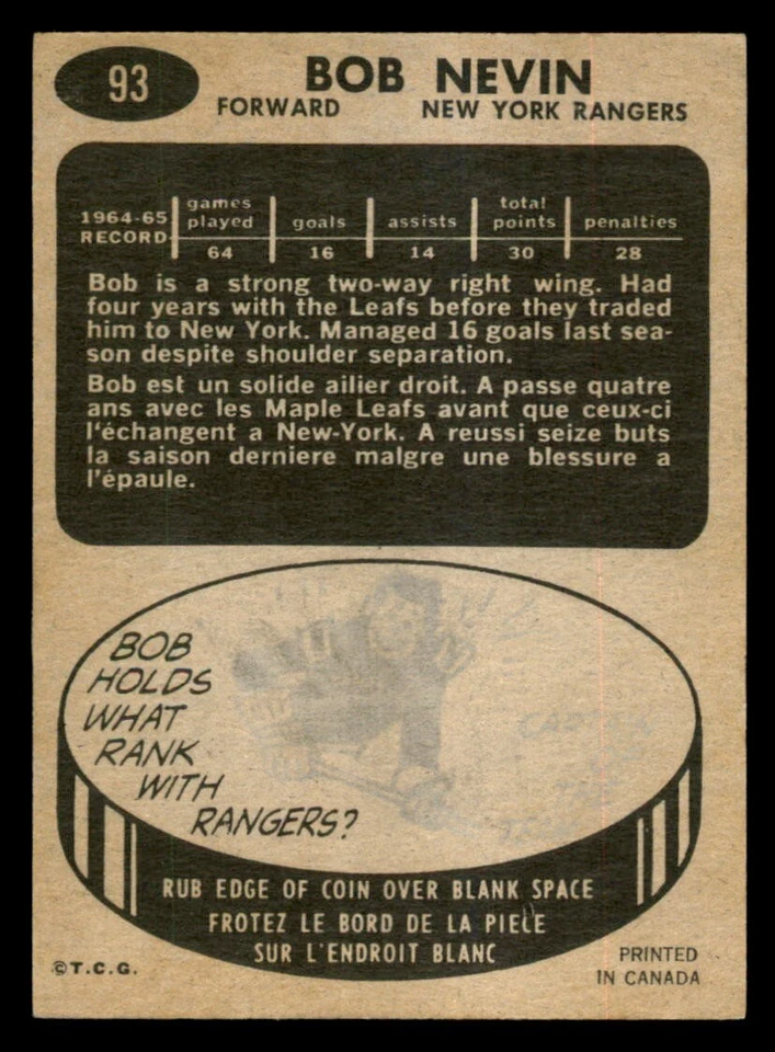 1965-66 Topps - #93 Bob Nevin EX *RC1 - Image 2 of 2