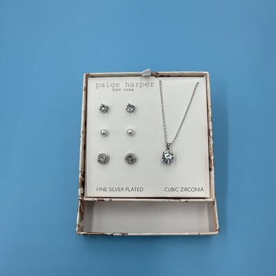 Paige Harper Cubic Zirconia Stud Earrings Pendant Necklace Set Silver Plated Box