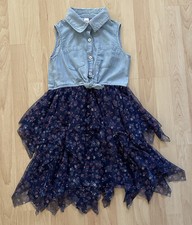 Justice Girl's Chambray w/ Blue Floral Tulle Ruffled Skirt Sleeveless Dress Sz 8