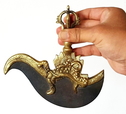 Cuchillo Desollador Kartika Tibetano Espada Latón Budista Ritual Tántrico Nepal Antiguo - Imagen 4 de 4