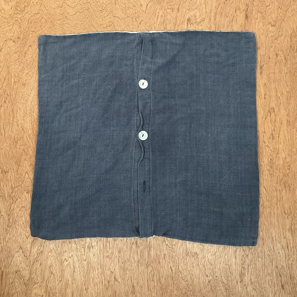 Funda de Almohada West Elm 100% LINO Serigrafía Lunares AZUL MARINO 18x18 Arte Perla Botones Foto 4 de 4