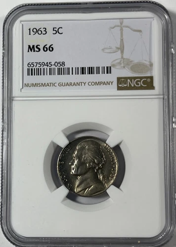 1963 Jefferson 5C NGC MS66 (#18057) Fresh holder.