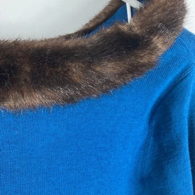 Suéter de lana de diálogo para mujer cuello de piel sintética azul marrón S Foto 4 de 4