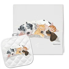 Dogs and Cats Kitchen Dish Towel and Pot Holder Gift Set
