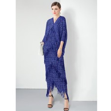 Womens Tassel V Neck 3/4 Batwing Sleeve V Neck Pleated Long Dress Loose Oversize