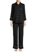 Elysian Viscose 2-Piece Pyjama Set In Black/White Pipping Size S