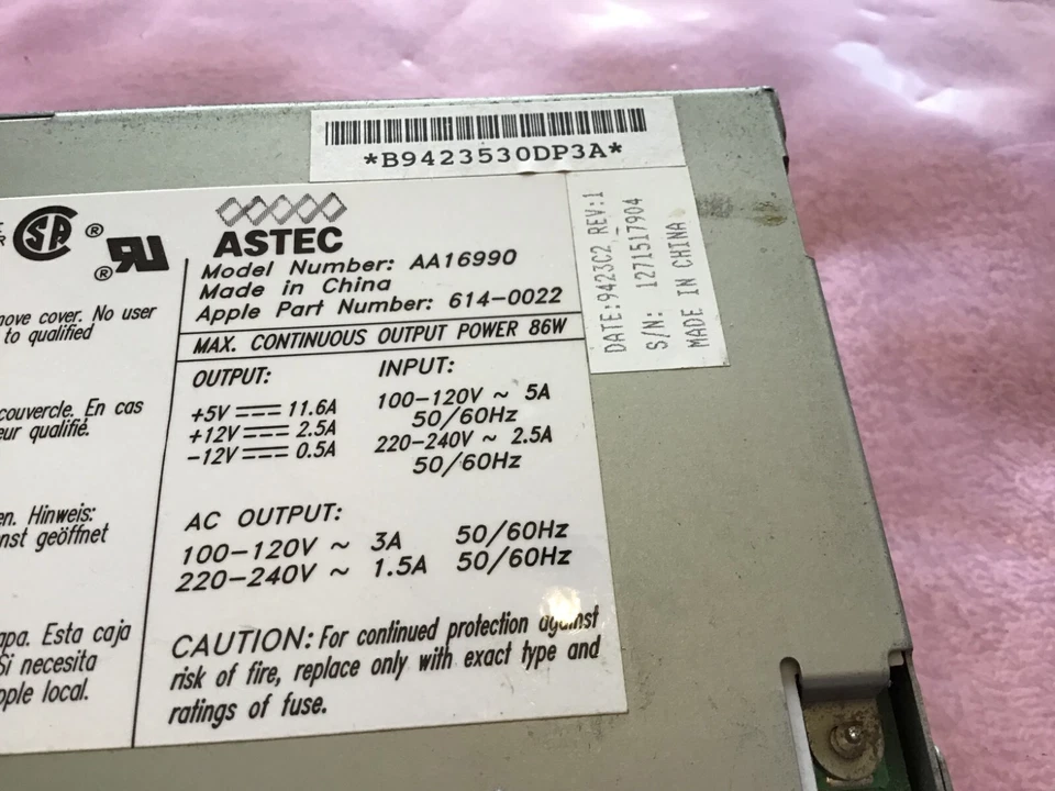 VINTAGE ASTEC Model AA16990 Apple Part # 614-0022 Power SPLY for Apple Mac 86 W - Image 2 of 4