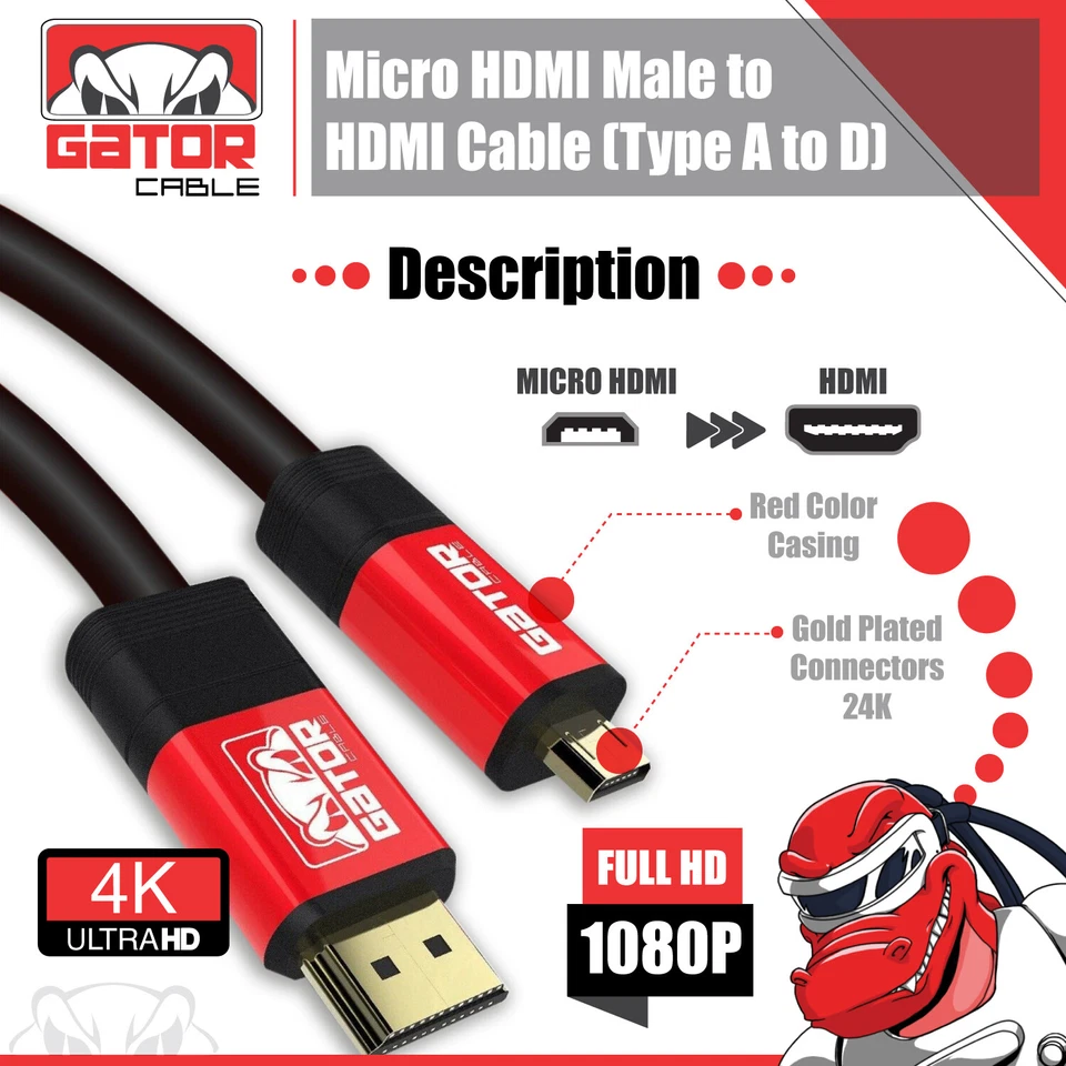 Micro HDMI to HDMI Cable Adapter Converter 4K GoPro HERO 7 6 5 4 3 Camera 60Hz - Image 3 of 4