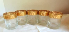Vintage Set of 5 Gold-Rimmed Whiskey Lowball Glasses 3 1/2" High Barware