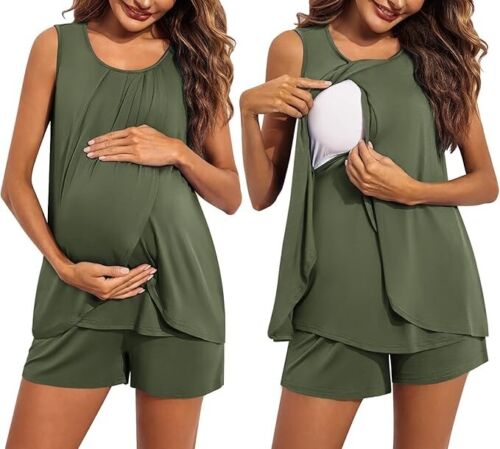 Ekouaer Women Maternity Nursing Pajama Set Breastfeeding Sleepwear Top & Shorts