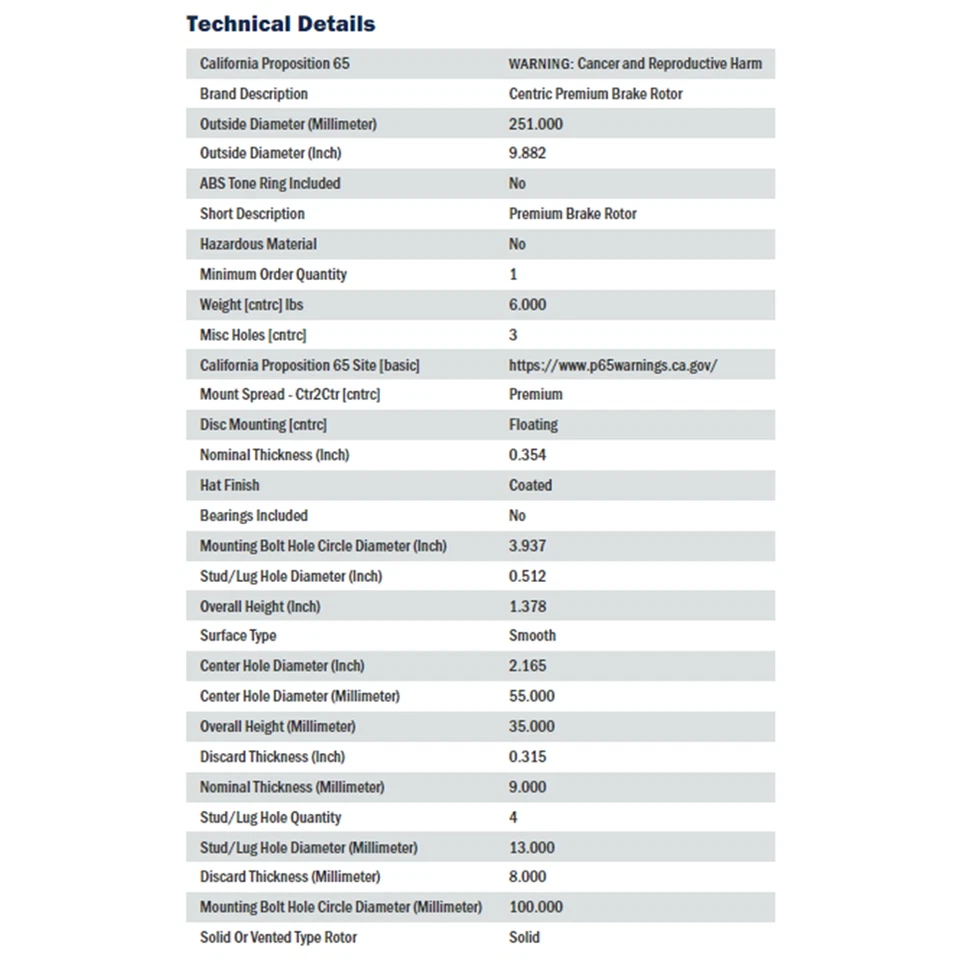 Rotor de freno de disco StopTech Centric Premium flotante trasero para Ford, Mazda, Mercury Foto 2 de 4